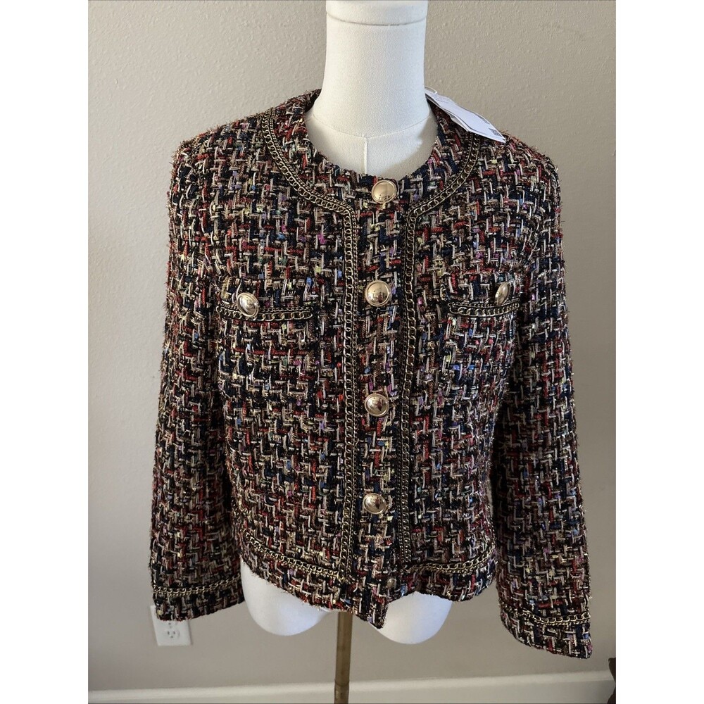 Urban Revivo Tweed Boucle Jacket Gold Chain Trim Gold Buttons Size S NEW